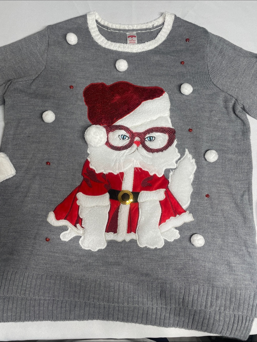 Gray Women’s Holiday Sweater grey/red Santa Cat Appliqué.Sequins size 1X.